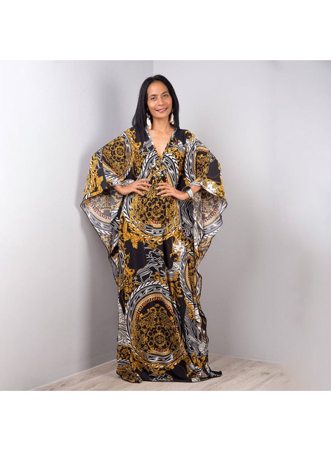 Loquat European And American Plus Long Loose Plus Size Beach Skirt Bikini Outer Wear Swimsuit Blouse Wrap Skirt Veil Sun Protection Clothing-Color:78693-32 Feather On Black Background-  - Image 4