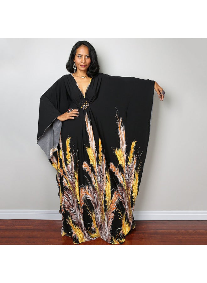 Loquat European And American Plus Long Loose Plus Size Beach Skirt Bikini Outer Wear Swimsuit Blouse Wrap Skirt Veil Sun Protection Clothing-Color:78693-32 Feather On Black Background-  - Image 1