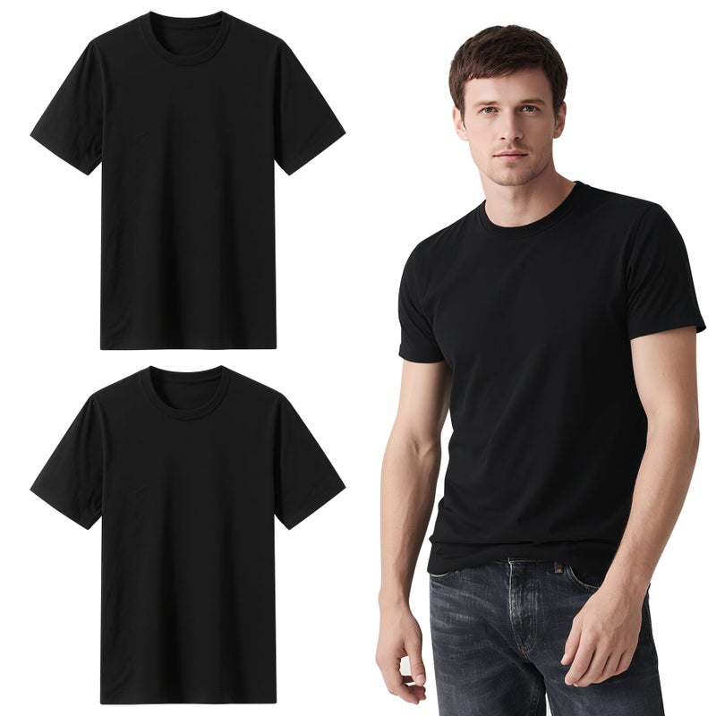 ORJ 2 Pack Black t Shirts for Men,Crew Neck Short Sleeve Men's Undershirt,Plain Black Workout Polyester Blank tee Bulk - Image 1
