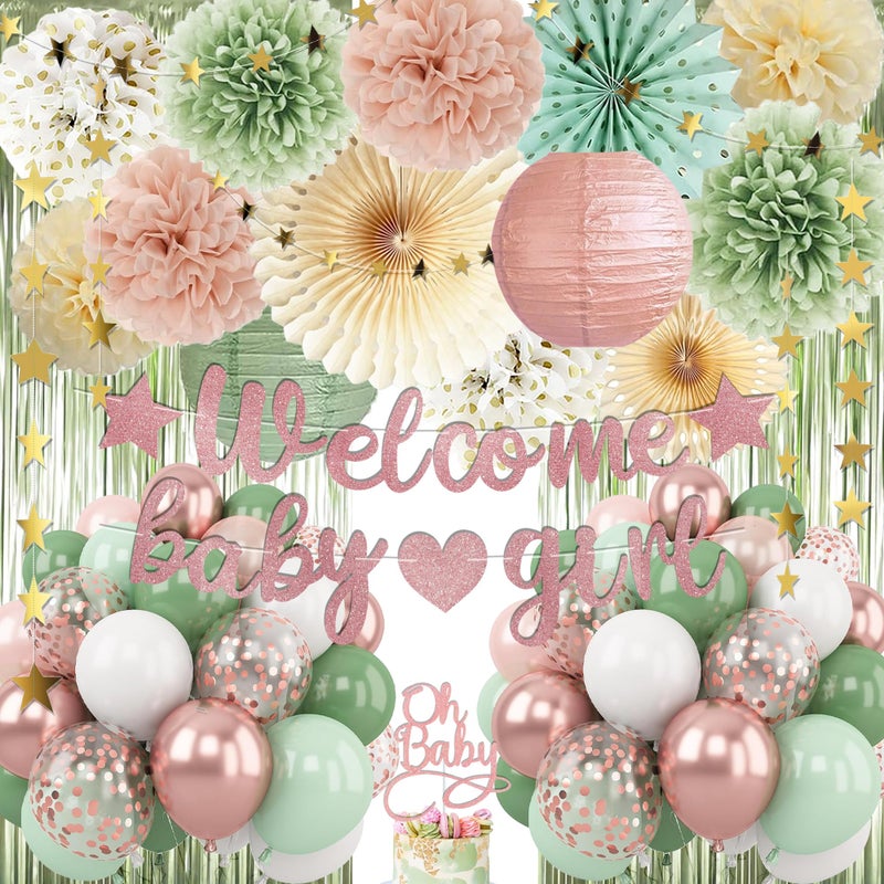 Vztipki Dusty Pink Sage Green Baby Shower Decorations - Welcome Baby Girl Banner, Retro Pink Green Rosegold Balloons, 'Oh Baby' Cake Topper, Pom Poms Flowers Paper Fan For Birthday Jungle Woodland Party - Image 1