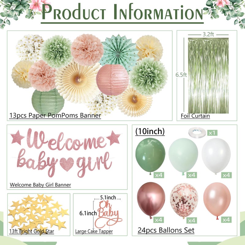 Vztipki Dusty Pink Sage Green Baby Shower Decorations - Welcome Baby Girl Banner, Retro Pink Green Rosegold Balloons, 'Oh Baby' Cake Topper, Pom Poms Flowers Paper Fan For Birthday Jungle Woodland Party - Image 2
