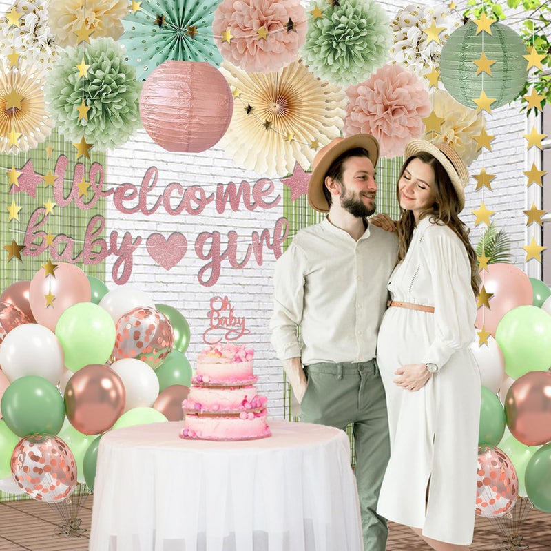 Vztipki Dusty Pink Sage Green Baby Shower Decorations - Welcome Baby Girl Banner, Retro Pink Green Rosegold Balloons, 'Oh Baby' Cake Topper, Pom Poms Flowers Paper Fan For Birthday Jungle Woodland Party - Image 4