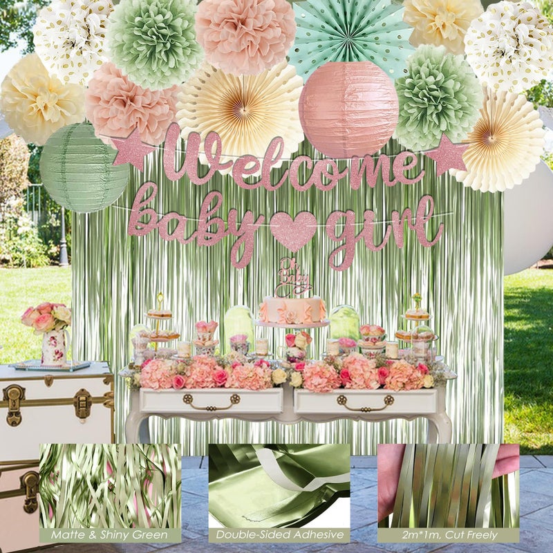 Vztipki Dusty Pink Sage Green Baby Shower Decorations - Welcome Baby Girl Banner, Retro Pink Green Rosegold Balloons, 'Oh Baby' Cake Topper, Pom Poms Flowers Paper Fan For Birthday Jungle Woodland Party - Image 3