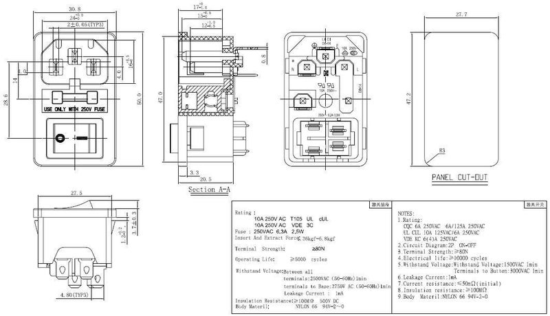 DEVMO 2pcs 10A 250V Rocker Switch Power Socket Inlet Module Plug 5A Fuse Switch with 18 AWG Wiring 3 Pin IEC320 C14 Connected Terminal Crimps and Wires - Image 3