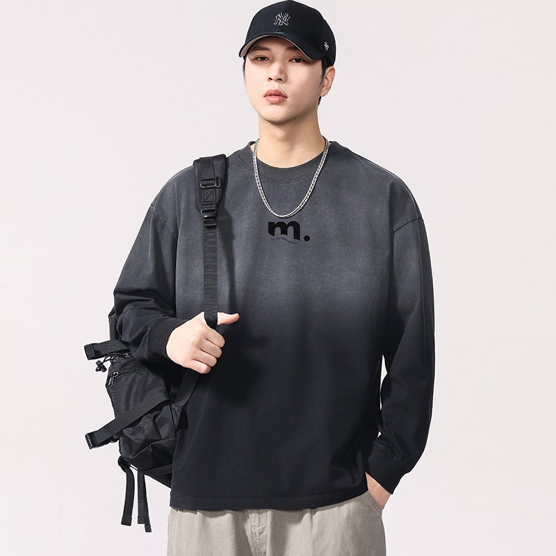 F6631 | Plus Size Men''s Autum New Washed Gradient Long-Sleeved T-Shirt Men''s Loose and Versatile Distressed Printed Top - Image 4