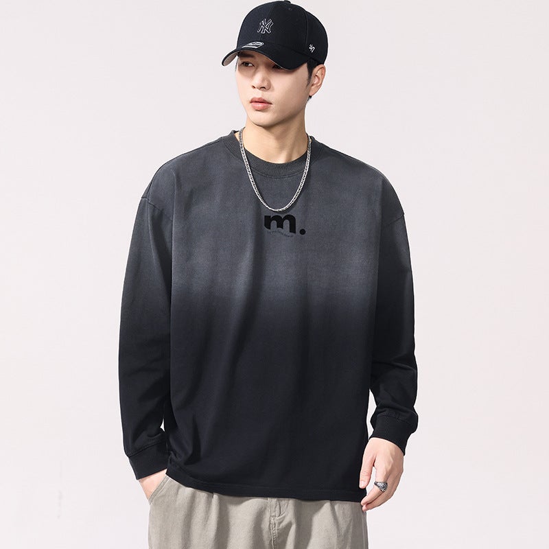 F6631 | Plus Size Men''s Autum New Washed Gradient Long-Sleeved T-Shirt Men''s Loose and Versatile Distressed Printed Top - Image 5