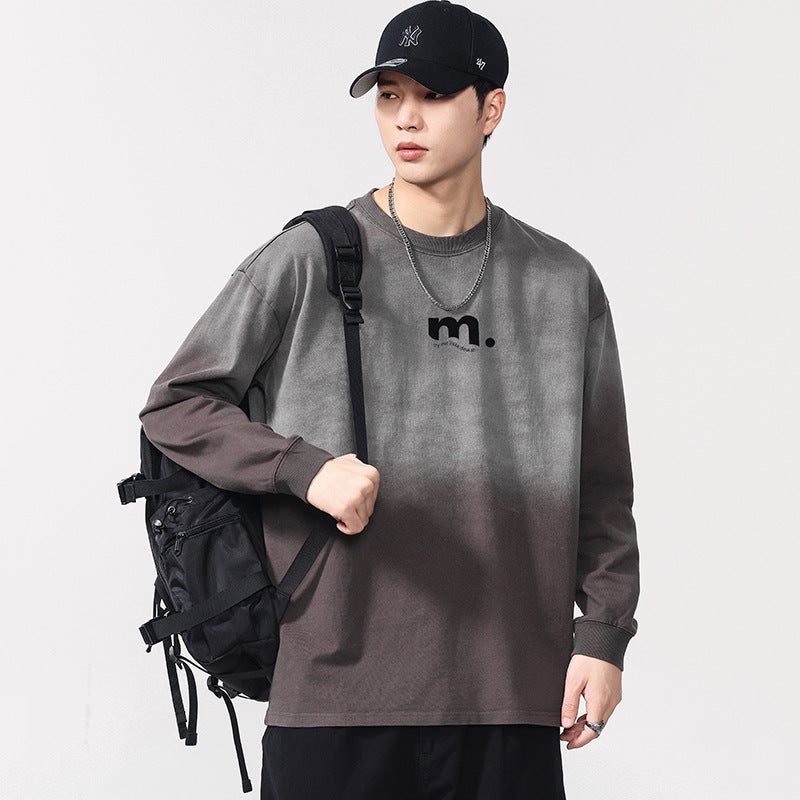 F6631 | Plus Size Men''s Autum New Washed Gradient Long-Sleeved T-Shirt Men''s Loose and Versatile Distressed Printed Top - Image 2