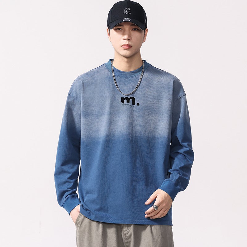 F6631 | Plus Size Men''s Autum New Washed Gradient Long-Sleeved T-Shirt Men''s Loose and Versatile Distressed Printed Top - Image 1