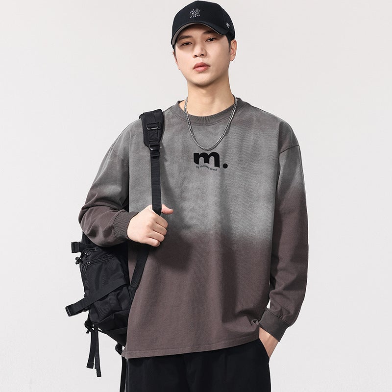 F6631 | Plus Size Men''s Autum New Washed Gradient Long-Sleeved T-Shirt Men''s Loose and Versatile Distressed Printed Top - Image 3