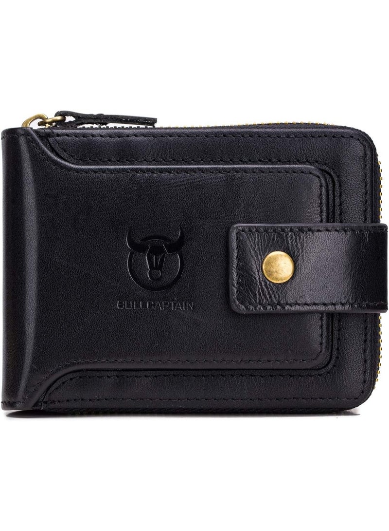 BULLCAPTAIN Men's Wallets, Genuine Leather RFID Blocking Mens Bifold Wallets with Zipper Coin Pocket Casual Men Purse Slim Short Wallet Gift for Father day, Black, One_Size, Business & Leisure Wallet black - Image 1
