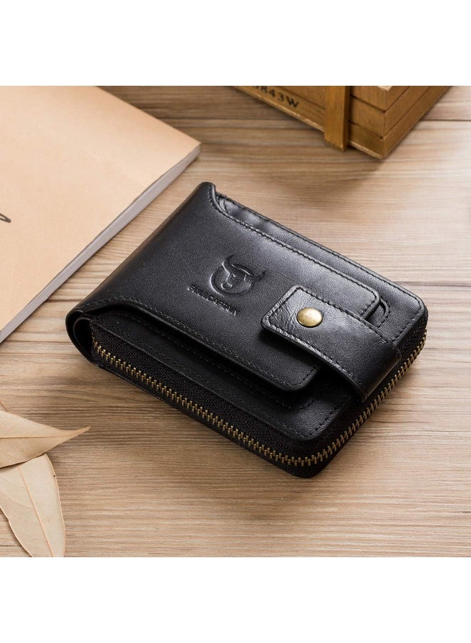BULLCAPTAIN Men's Wallets, Genuine Leather RFID Blocking Mens Bifold Wallets with Zipper Coin Pocket Casual Men Purse Slim Short Wallet Gift for Father day, Black, One_Size, Business & Leisure Wallet black - Image 2