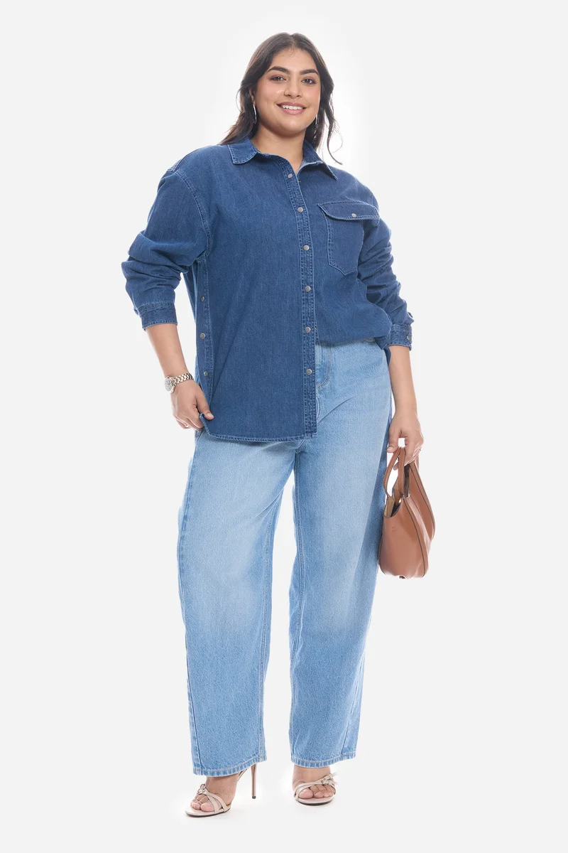 Virgio Solid Cotton Plus Size Shirt With Side Seam Detail for Women