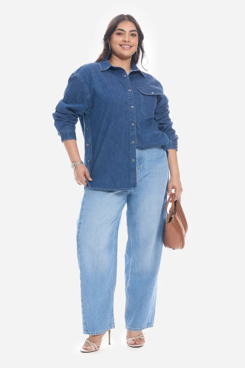 فيرجيو Solid Cotton Plus Size Shirt With Side Seam Detail for Women