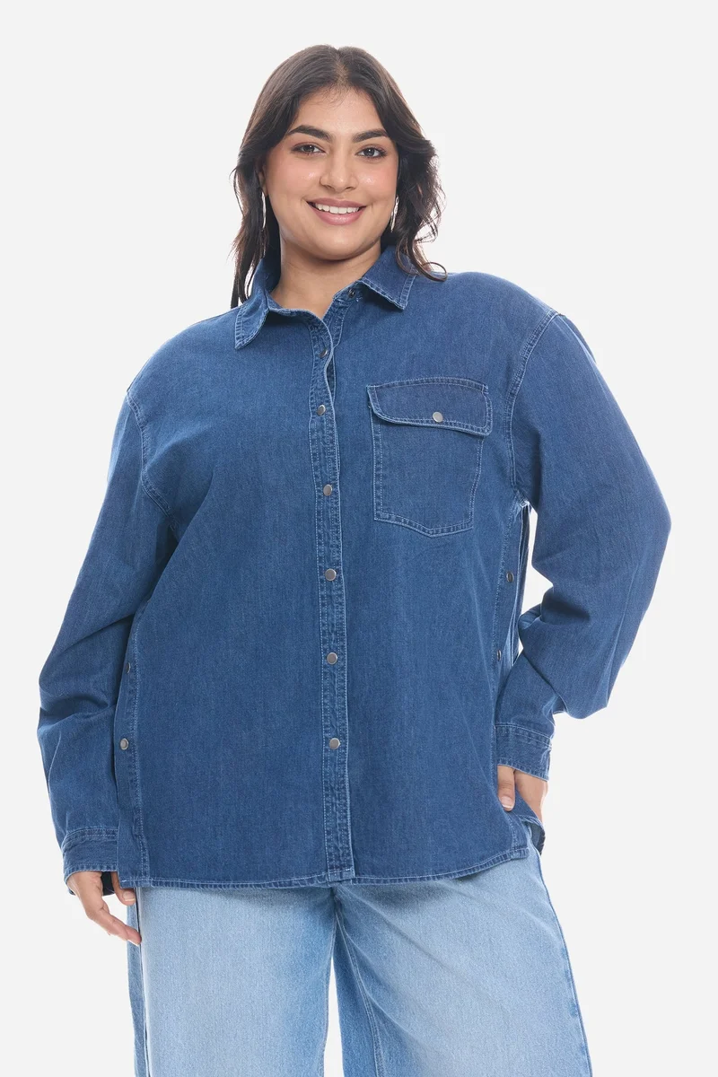 فيرجيو Solid Cotton Plus Size Shirt With Side Seam Detail for Women