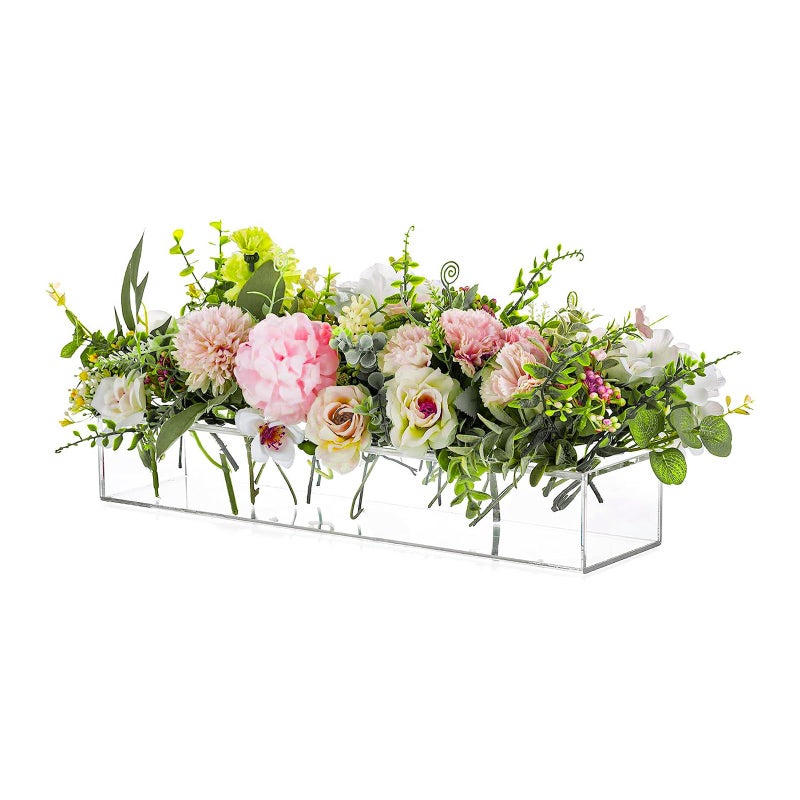 Rectangular Acrylic Vases for Centerpieces 16 Inches Long Floral Vase with Holes for Flowers Clear Rectangle Box Tray for Roses Modern Flower Arranger for Wedding Home Dining Table Decor 1pcs