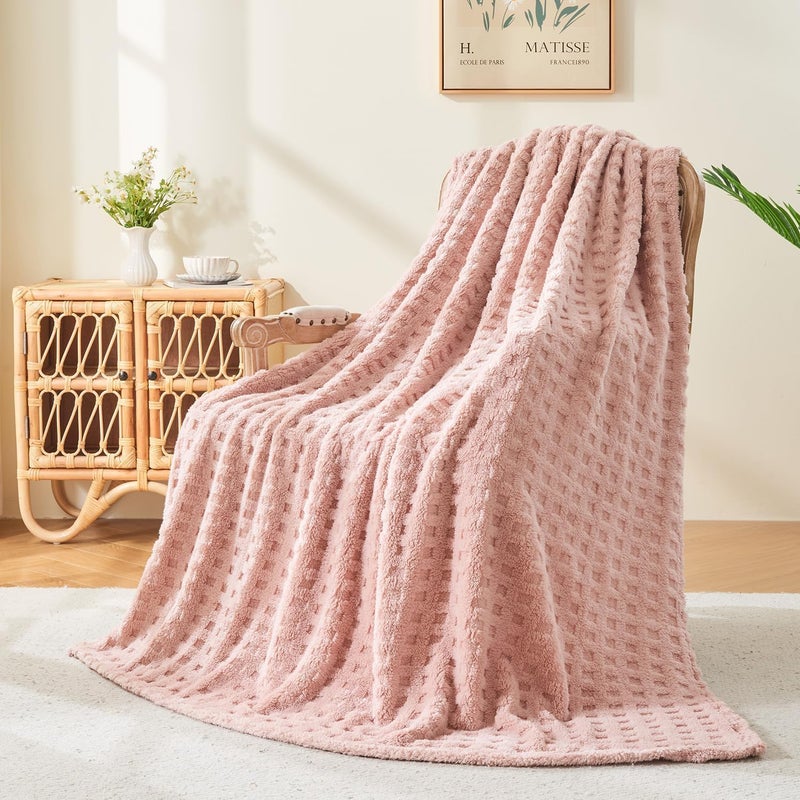 Wajade Fleece Throw Blanket, Fluffy Faux Fur Blanket for Bed Sofa Couch, Soft Warm Thick Blanket,waffle Pink-127X178 - Image 1