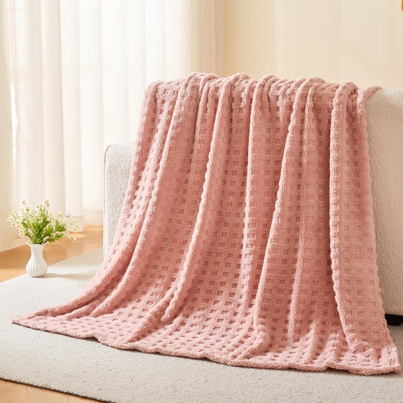 Wajade Fleece Throw Blanket, Fluffy Faux Fur Blanket for Bed Sofa Couch, Soft Warm Thick Blanket,waffle Pink-127X178 - Image 5