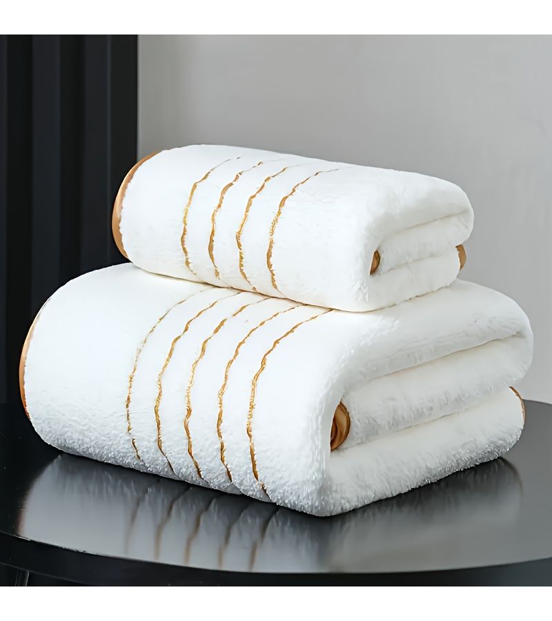 White 2 Pack Golden Trim Embroidered Towel Set Highly Absorbent 13x29in 27x55in - Image 3