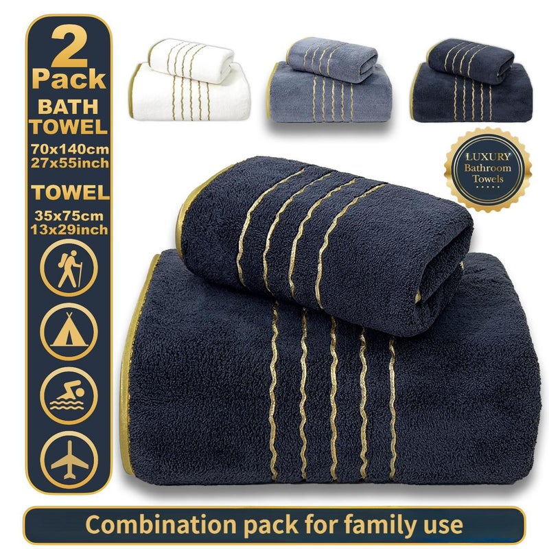 White 2 Pack Golden Trim Embroidered Towel Set Highly Absorbent 13x29in 27x55in - Image 5