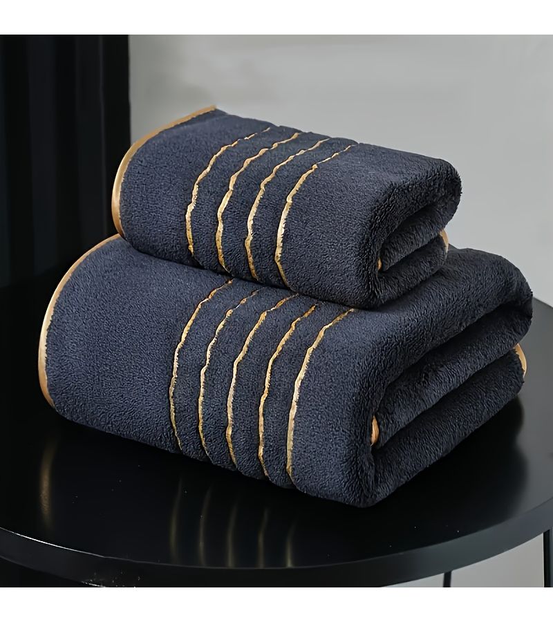 White 2 Pack Golden Trim Embroidered Towel Set Highly Absorbent 13x29in 27x55in - Image 1