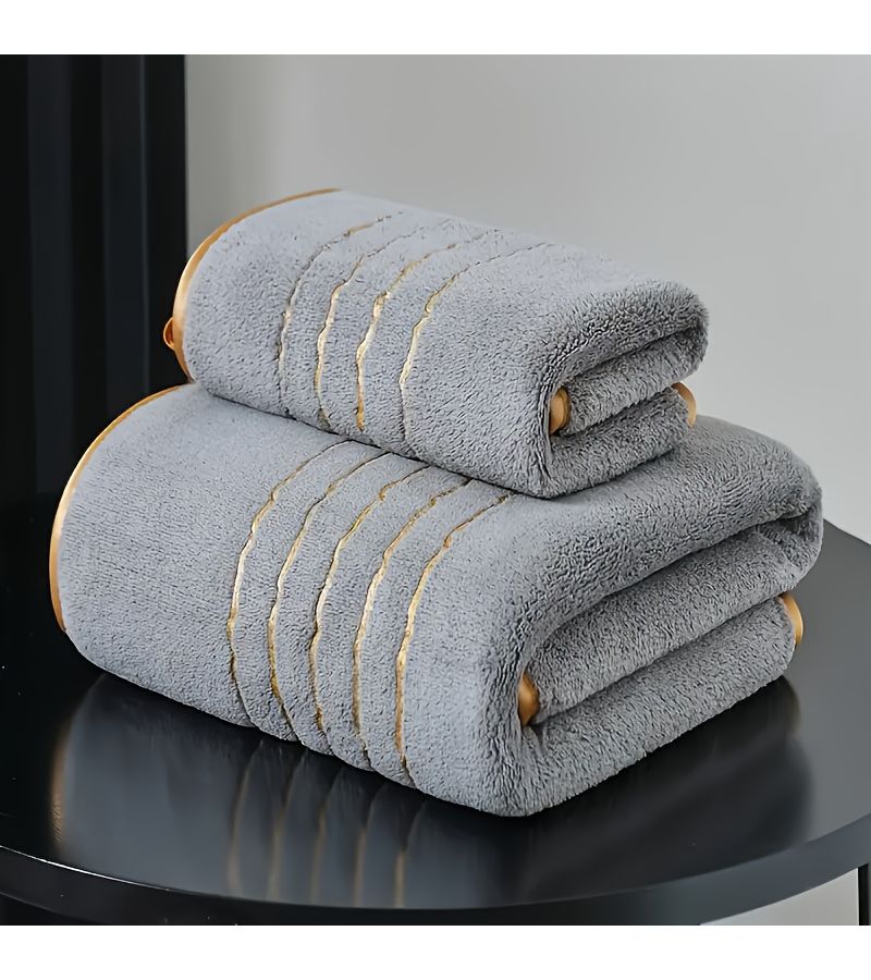White 2 Pack Golden Trim Embroidered Towel Set Highly Absorbent 13x29in 27x55in - Image 2