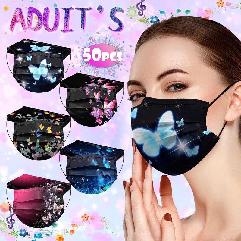 woobles 50PC Butterfly Disposable Face Masks for Women with Design Cute Butterfly Printed Face Masks Full Face Protection(F) F - Image 2