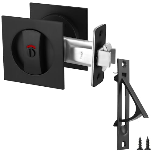 Malimali Pocket Door Lock Pocket Door Hardware Square Door Lock for Privacy Sliding Door Bifold Door Locks and Pulls Handles Replacement Hardware Matte Black Set B Privacy Lock with Indicator - Image 1