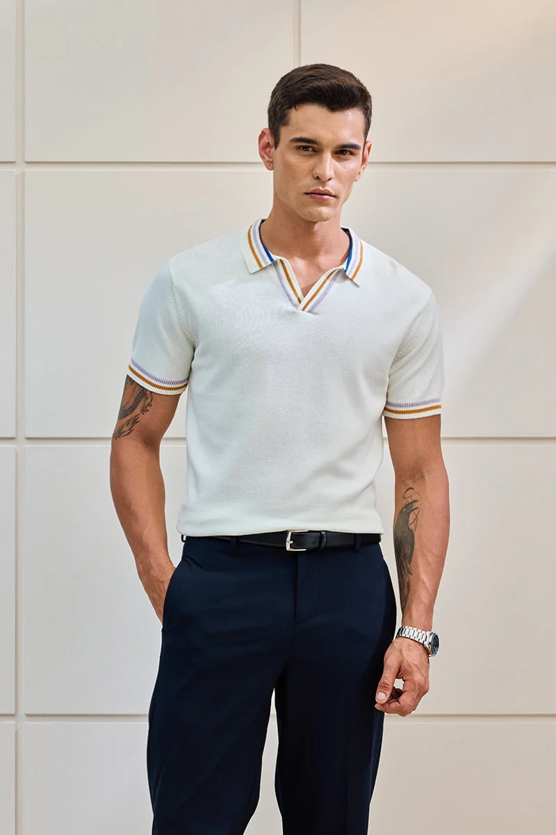 سنيتش White Striped Half Sleeve Regular Fit T-Shirt