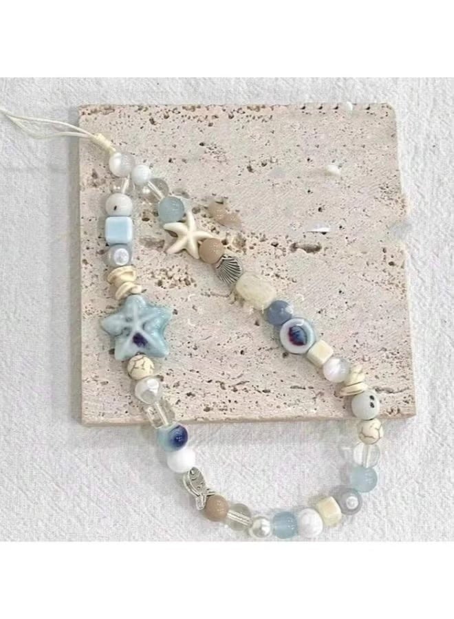 اتش بي ار تي سلسلة هاتف مطرزة يدوياً، حبل معصم بنجمة وأصداف بتصميم لطيف، إكسسوارات جوال من خرز الرزن للنساء والبنات، حزام هاتف أنيق للكاميرا والحقيبة (أزرق المحيط) - Image 4