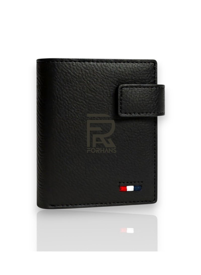 Forhans Men’s Premium Leather Wallet – Slim Bifold Design with Snap Closure – Multiple Card Slots, ID Window & Cash Compartment – Black Wallet for Men - Image 1