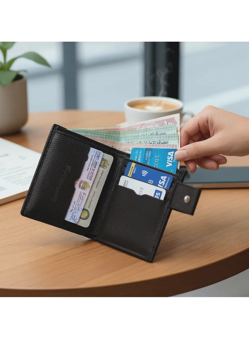 Forhans Men’s Premium Leather Wallet – Slim Bifold Design with Snap Closure – Multiple Card Slots, ID Window & Cash Compartment – Black Wallet for Men - Image 3