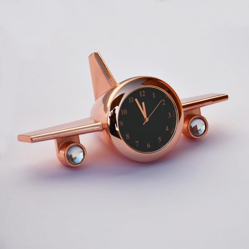 Saugat Traders Aeroplane Table Clock Showpiece Metal Airplane Clock for Office Desk Study Table Gift for Men Women Boys Pilot Air Hostess Airforce Person Copper - Image 1