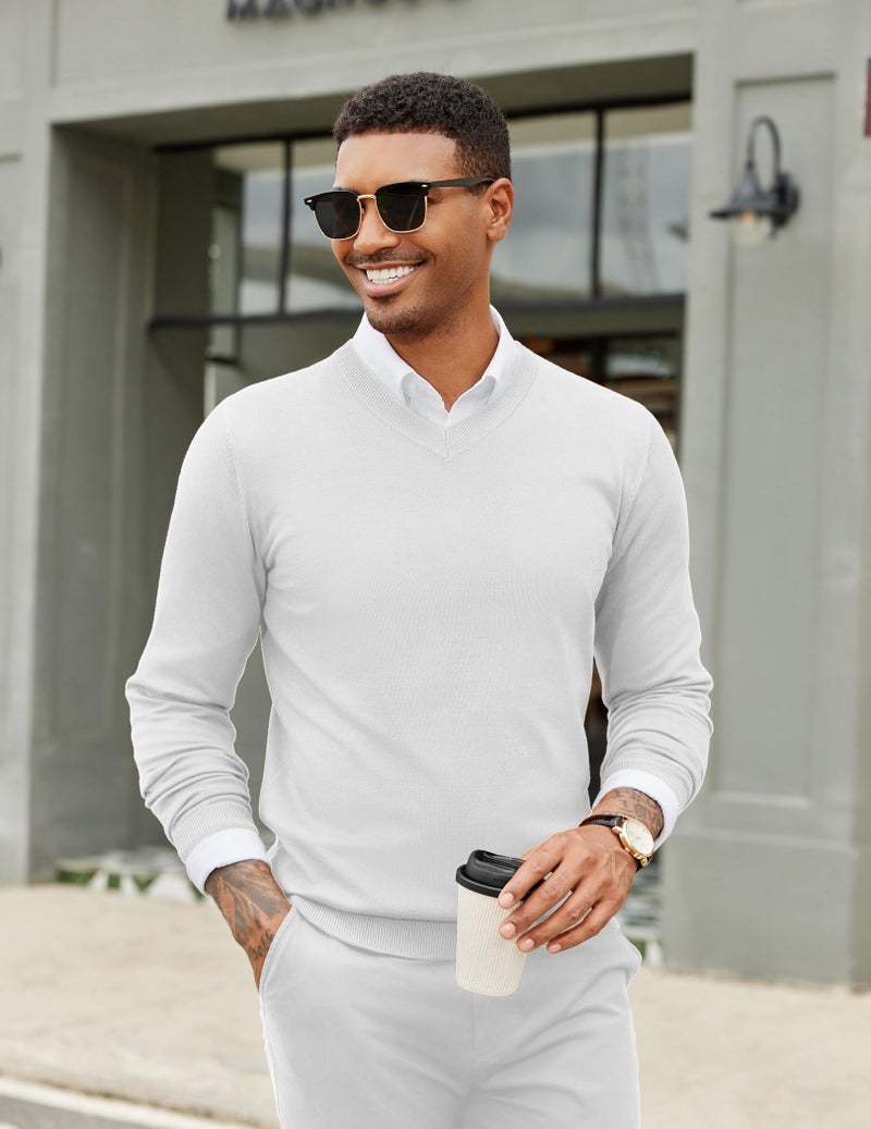 COOFANDY Mens Solid Sweater Jumper Relaxed Business Basic Long Sleeve Fall Top White - Image 3
