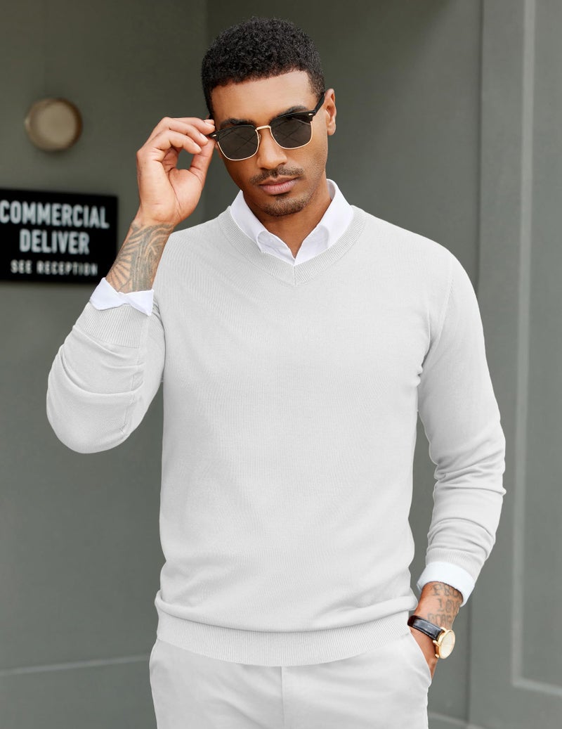 COOFANDY Mens Solid Sweater Jumper Relaxed Business Basic Long Sleeve Fall Top White - Image 2