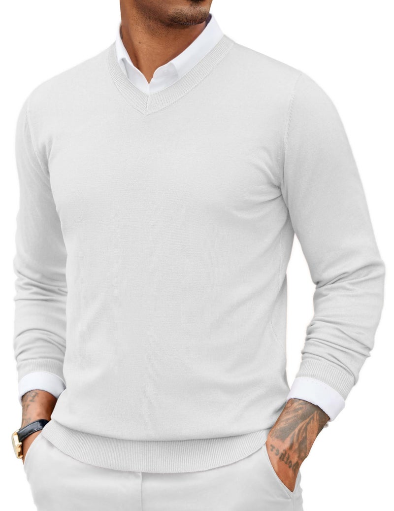 COOFANDY Mens Solid Sweater Jumper Relaxed Business Basic Long Sleeve Fall Top White - Image 1