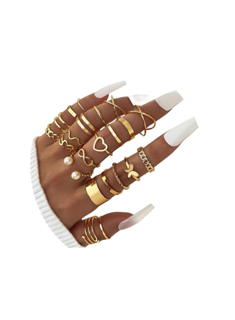 SOLARAE مجموعة خواتم المفاصل 22 قطعة للنساء، خواتم بوهو قابلة للتكديس، خواتم فراشة، لؤلؤ، قلب، خواتم مفتوحة قابلة للتعديل، مجموعة خواتم بيان، هدايا مجوهرات - Image 1