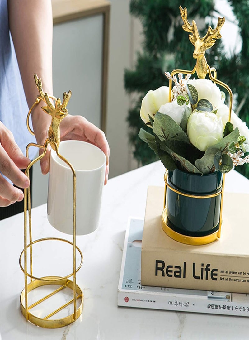 GGOOT Flower Pots, Seeds Pots, Flowerpot Sturdy Decorative Ceramic Deer Head Iron Frame Plant Pot for Garden Blackish Green Small - Image 4