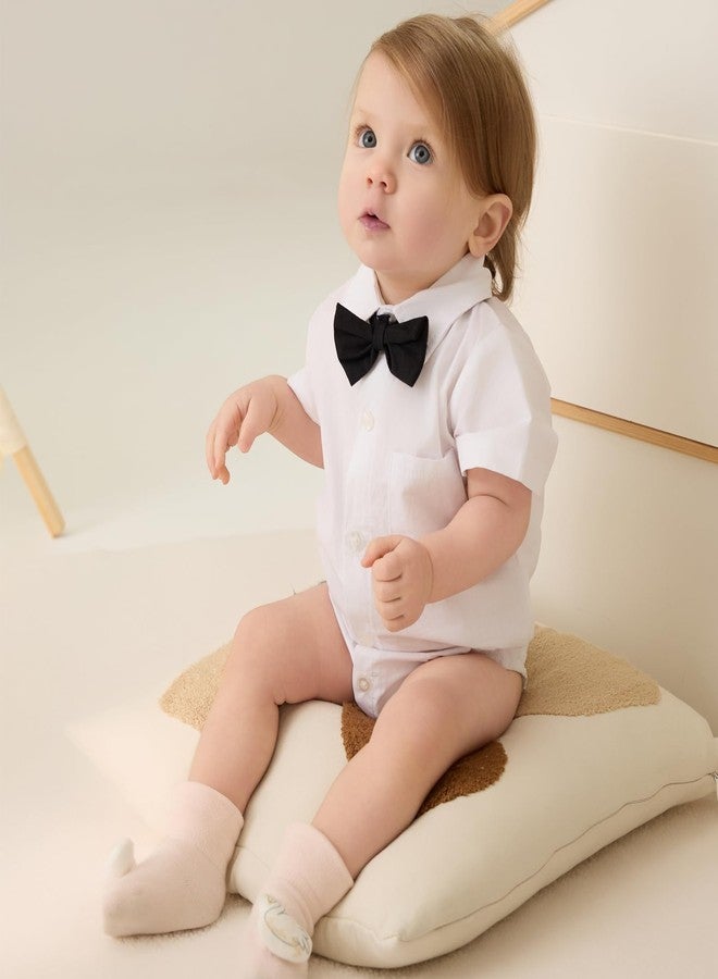 SOBOWO 18 Month Button Down Onsie Baby Boys Dress Shirt Onsie Infant Short Sleeve Button Down One-Piece Romper Formal Wedding Gentleman Outfits 0-24M(12-18 Months, White) - Image 2