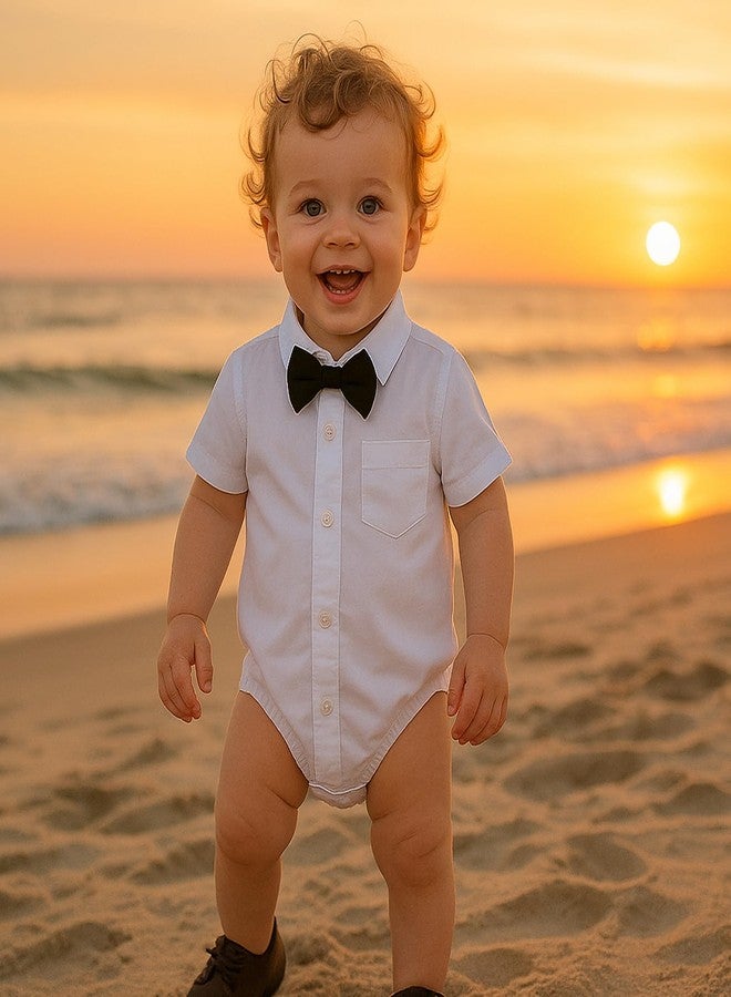 SOBOWO 18 Month Button Down Onsie Baby Boys Dress Shirt Onsie Infant Short Sleeve Button Down One-Piece Romper Formal Wedding Gentleman Outfits 0-24M(12-18 Months, White) - Image 4