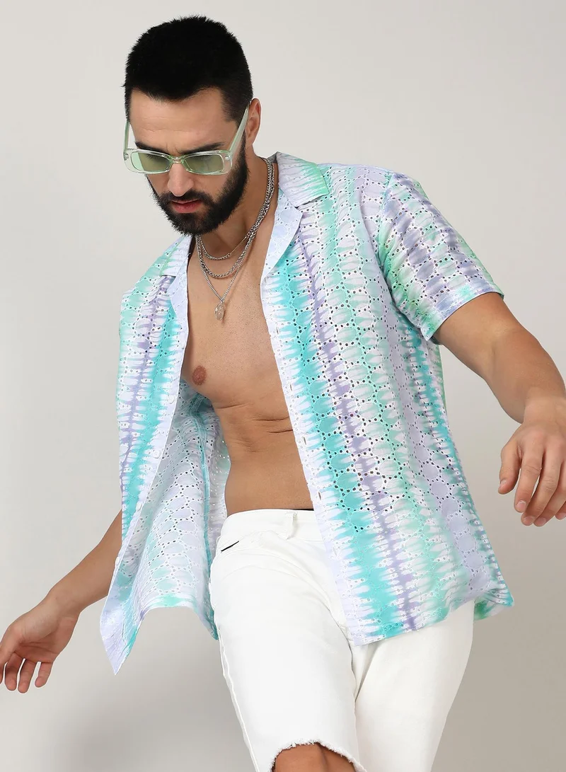 Campus Sutra Men's Sea Green & Lavender Horizontal Tie-Dye Shirt
