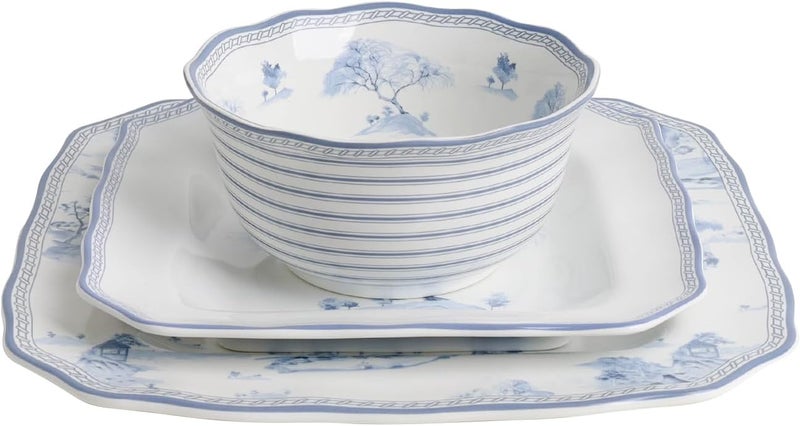 222 Fifth Scenic Toile Blue Porcelain 12Piece Dinnerware Set  Service for 4 Includes Dinner Plates Salad Plates  Cereal Bowls Glossy Finish Dishwasher Safe for Daily Dining  Entertainment - Image 5