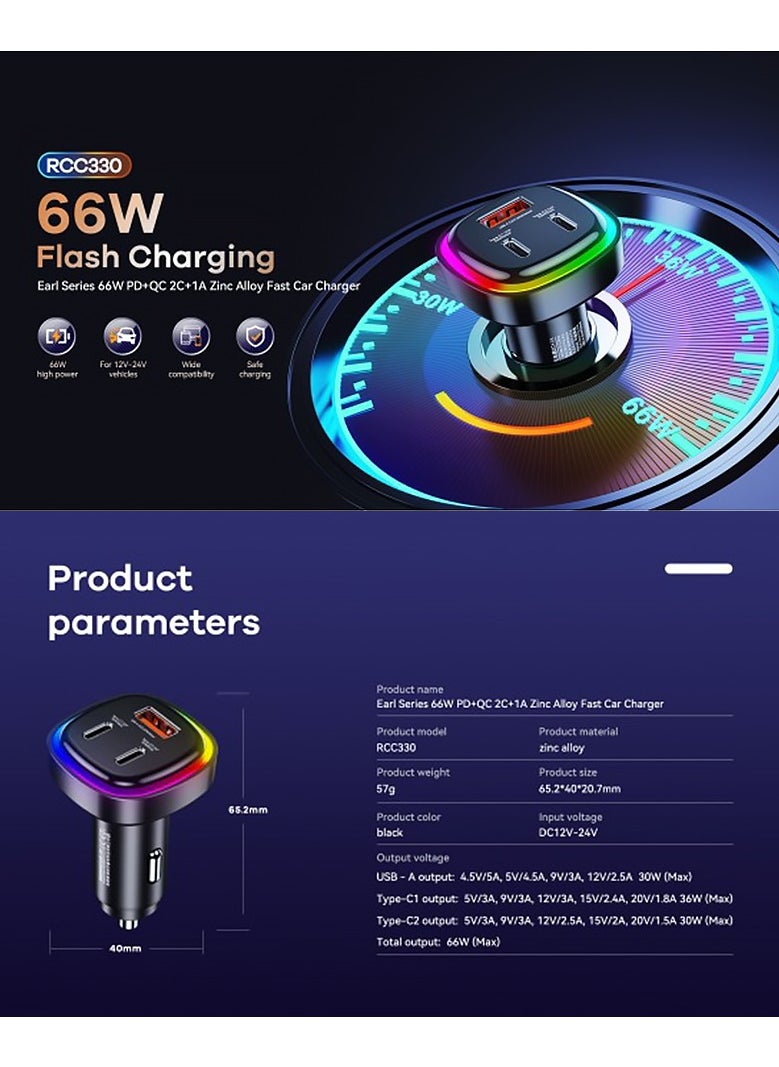 REMAX Fast Car Charger 3 Ports 66W PD+QC Zinc Alloy Black  - Image 5