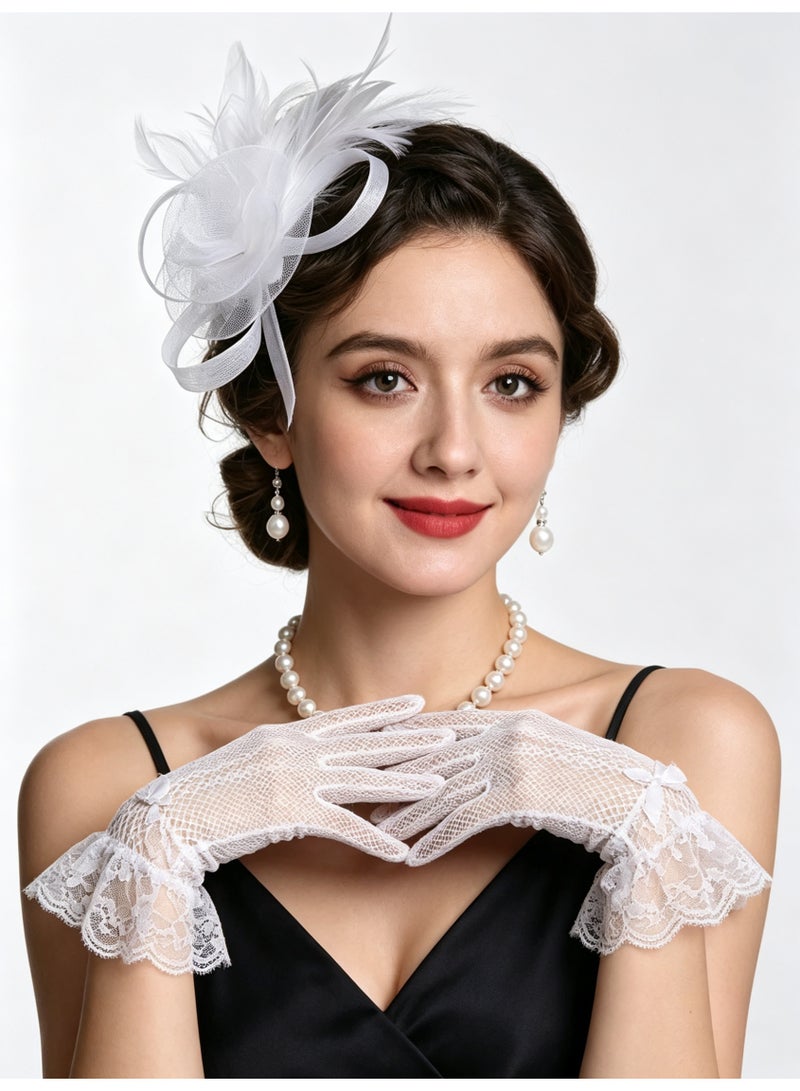 OMEVE 5 Pcs Party Fascinators Hat Veil Set with Mesh Flower Feather Fascinator Headband Pearl Jewelry & Lace Short Gloves for Girls and Women - Elegant Wedding Party Hat Tea Headwear Costume Accessories for Wedding Tea Party Derby Race Cosplay - Image 2