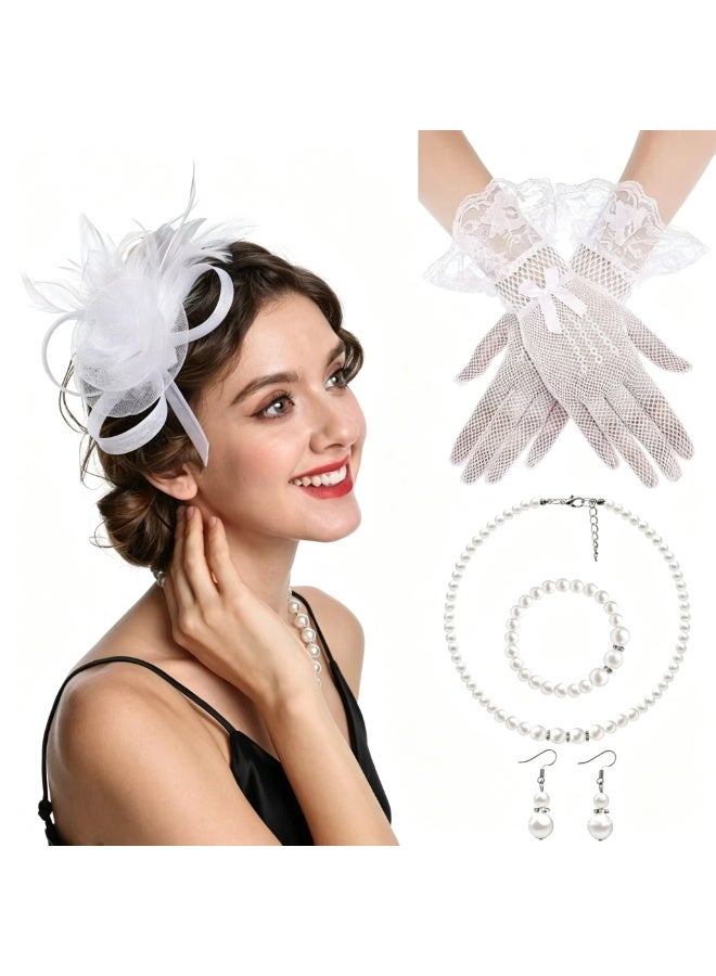 OMEVE 5 Pcs Party Fascinators Hat Veil Set with Mesh Flower Feather Fascinator Headband Pearl Jewelry & Lace Short Gloves for Girls and Women - Elegant Wedding Party Hat Tea Headwear Costume Accessories for Wedding Tea Party Derby Race Cosplay - Image 1