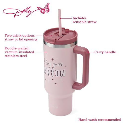 Dolly Parton Tumbler With Handle, Double Wall Vacuum Insulated Stainless Steel With Straw Lid, Cold For Up To 24 Hours Or Hot For Up To 8 Hours, 40 Ounce, Pink - Image 3