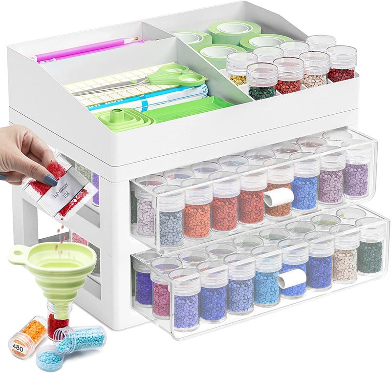 ARTDOT Storage Containers for Diamond Painting Accessories 2 Drawers with 96 Slots Bead Storage Bottles and Diamond Art Accessories and Tools Rack