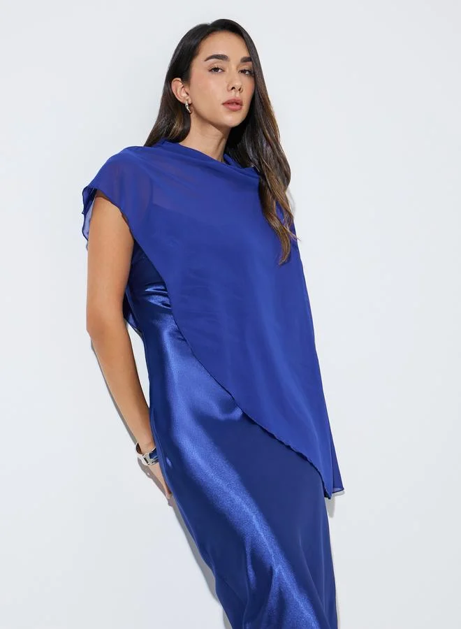 ستايلي Blue Satin Slip Midi Dress with Cape Overlay