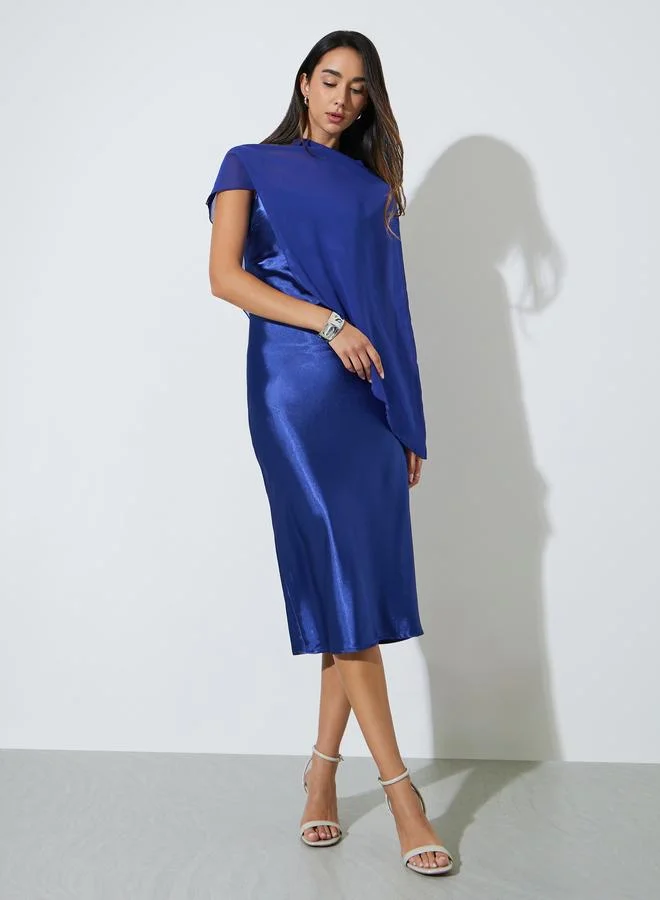 ستايلي Blue Satin Slip Midi Dress with Cape Overlay