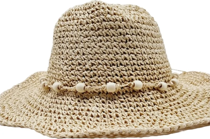 تيزجيلسين Women's Organic Straw Knitted Foldable Beaded Detailed Hat