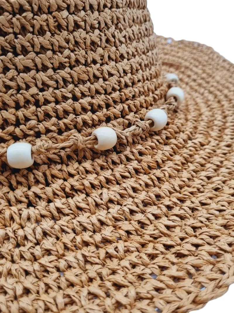 تيزجيلسين Women's Organic Straw Knitted Foldable Beaded Detailed Hat